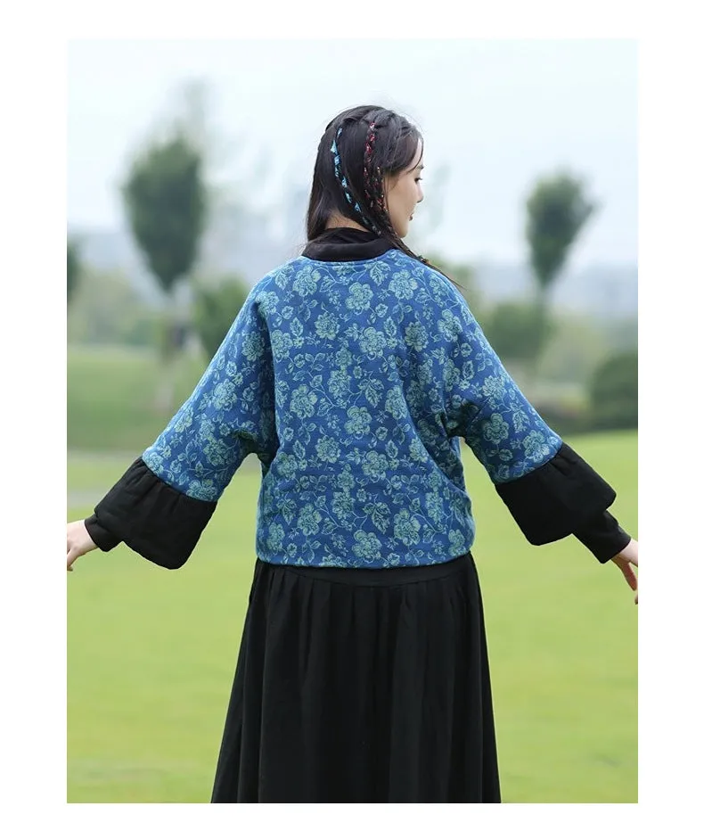 Retro Floral Blue Cotton Padded Coat for Women