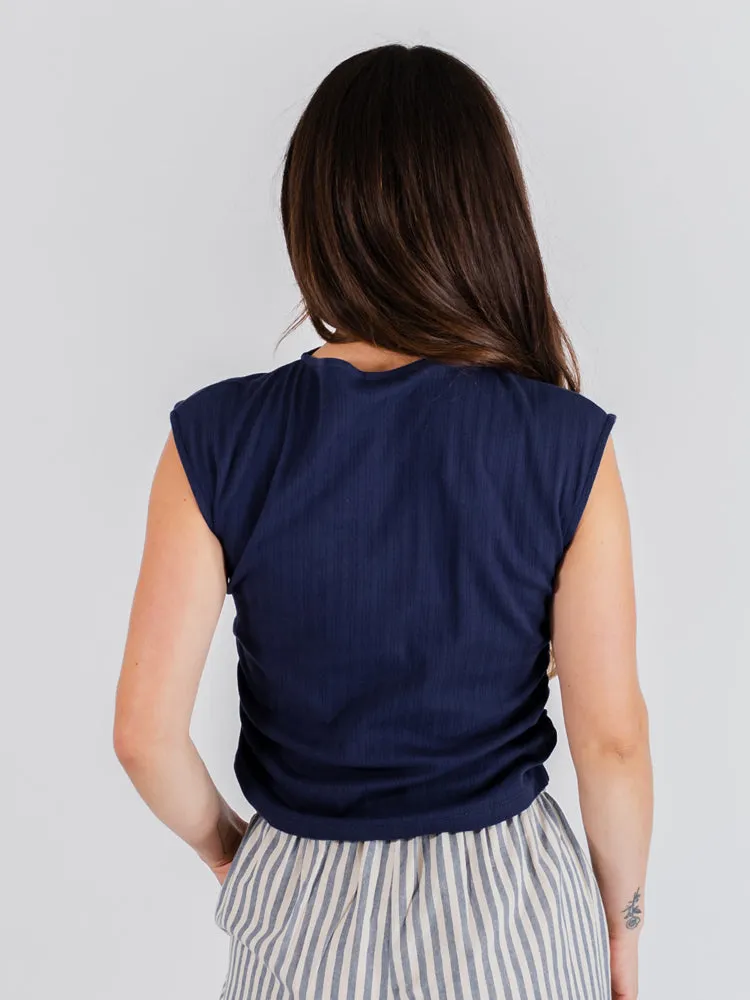 Ruched Top - Navy Rib Knit