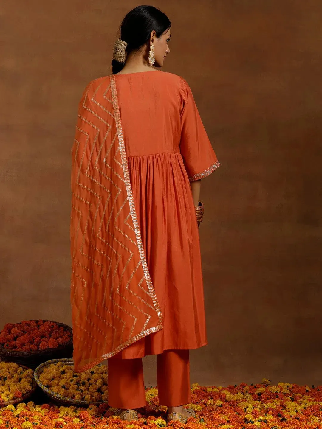 Rust Solid Silk Blend A-Line Kurta With Trousers & Dupatta