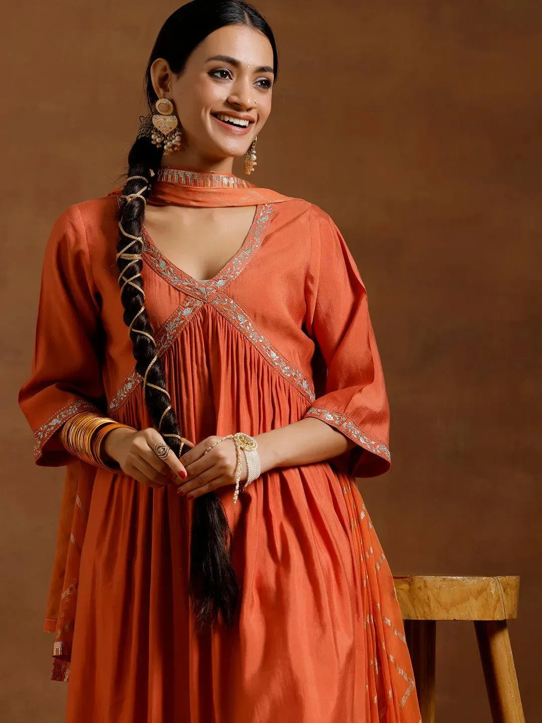 Rust Solid Silk Blend A-Line Kurta With Trousers & Dupatta