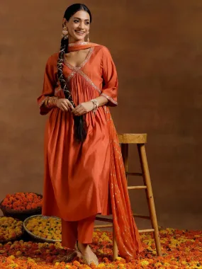 Rust Solid Silk Blend A-Line Kurta With Trousers & Dupatta