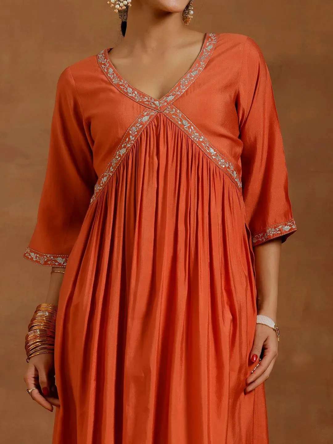 Rust Solid Silk Blend A-Line Kurta With Trousers & Dupatta