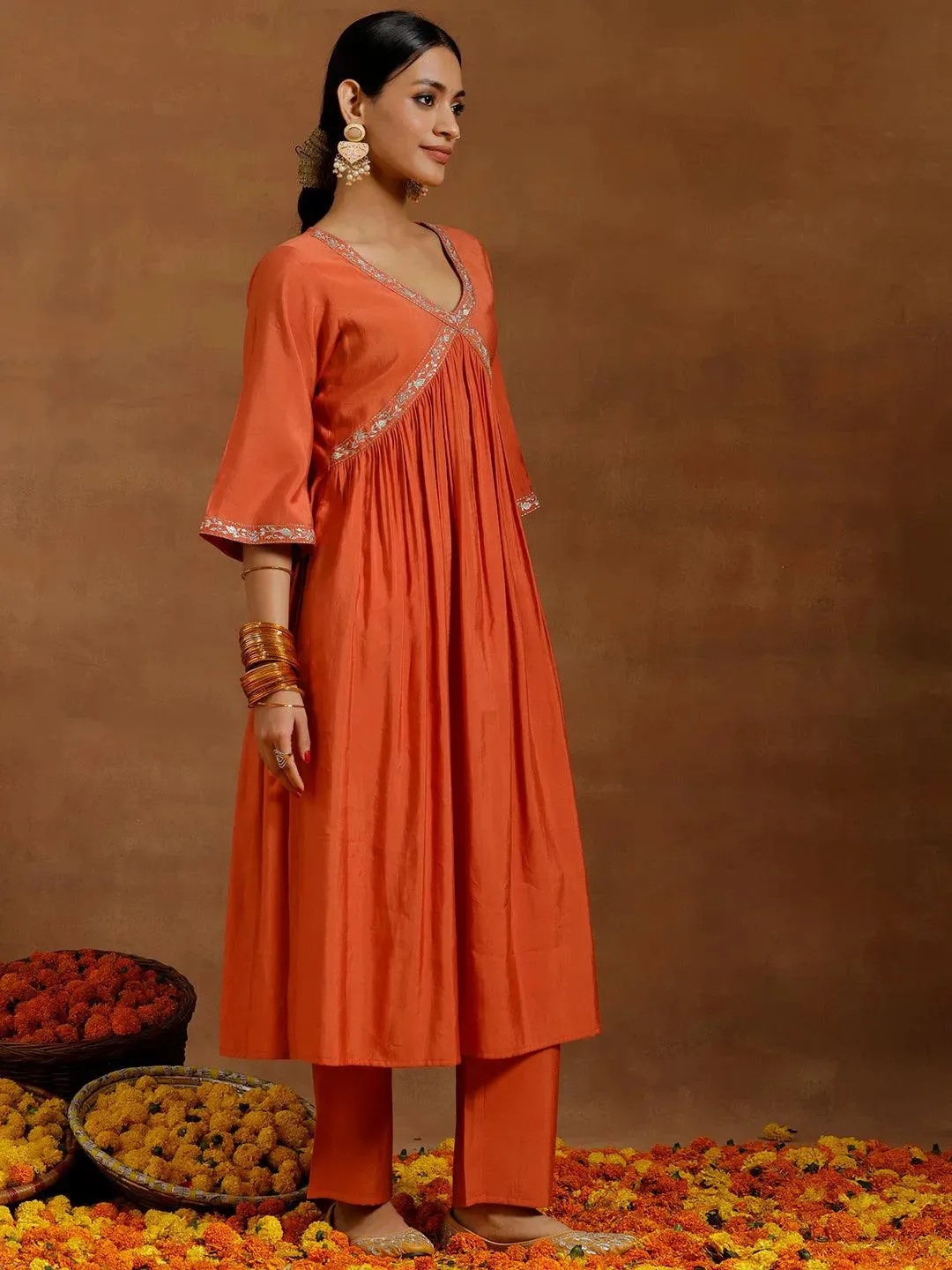 Rust Solid Silk Blend A-Line Kurta With Trousers & Dupatta