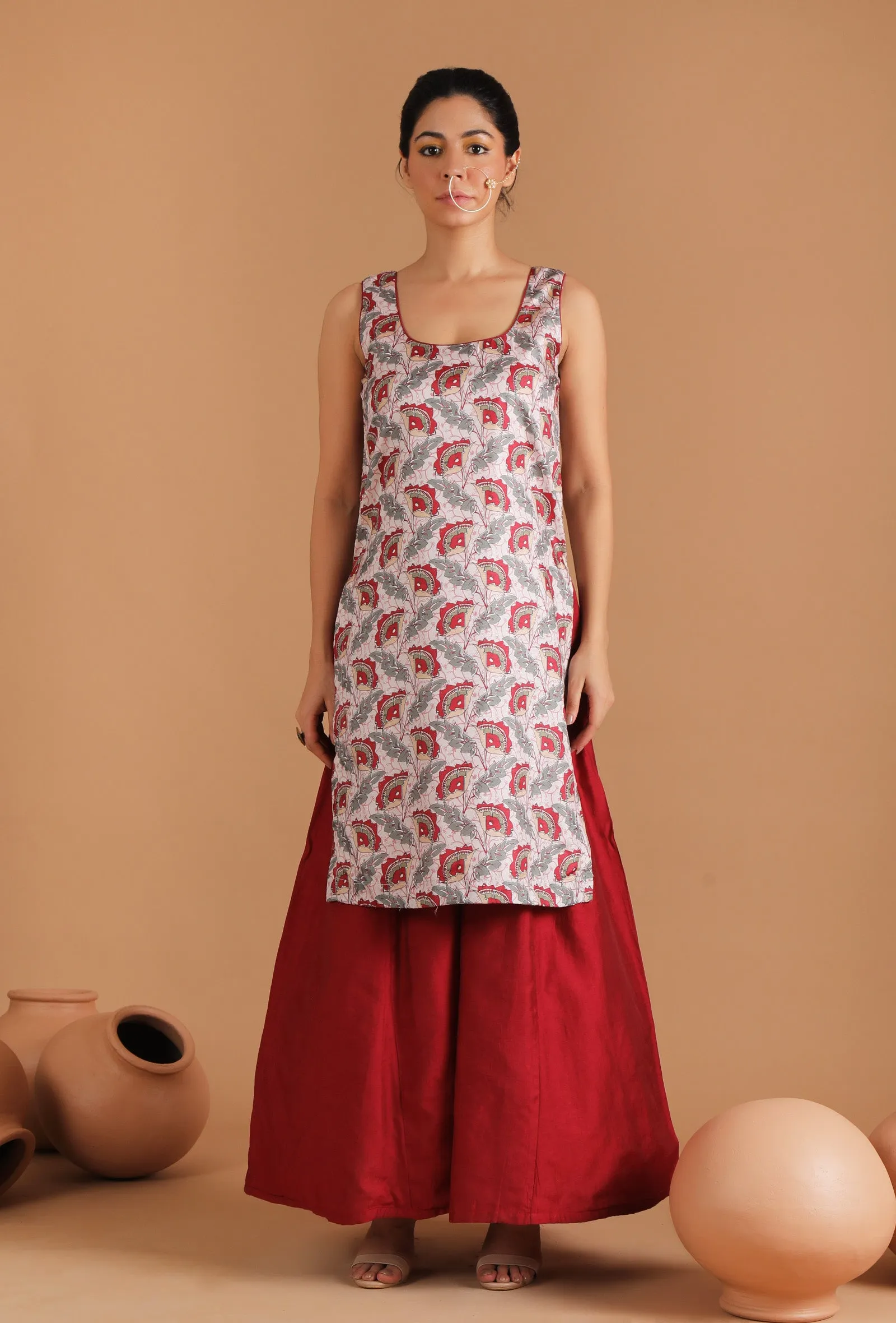 Set Of 2: Sayani Allover Kalamkari Straight Kurta With Flared Pallazo Pants