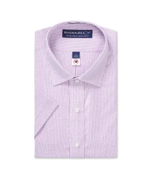 Short Sleeve Burgundy Micro Check ‘Ryan’ Spread Collar Cotton Shirt with Magnetic Closures