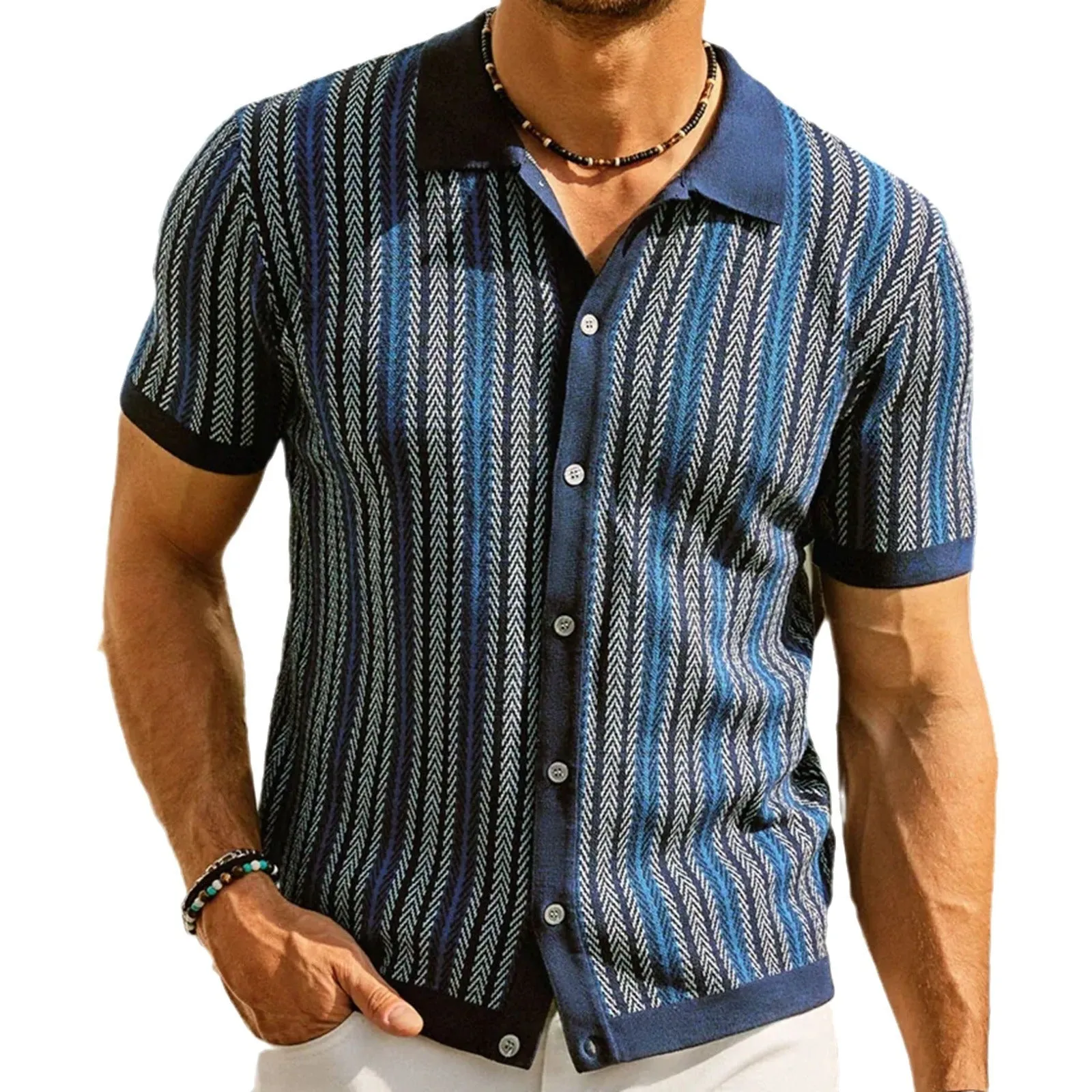 Short sleeved knitted sweater new striped jacquard business polo shirt