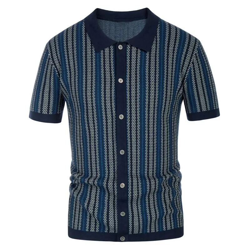 Short sleeved knitted sweater new striped jacquard business polo shirt