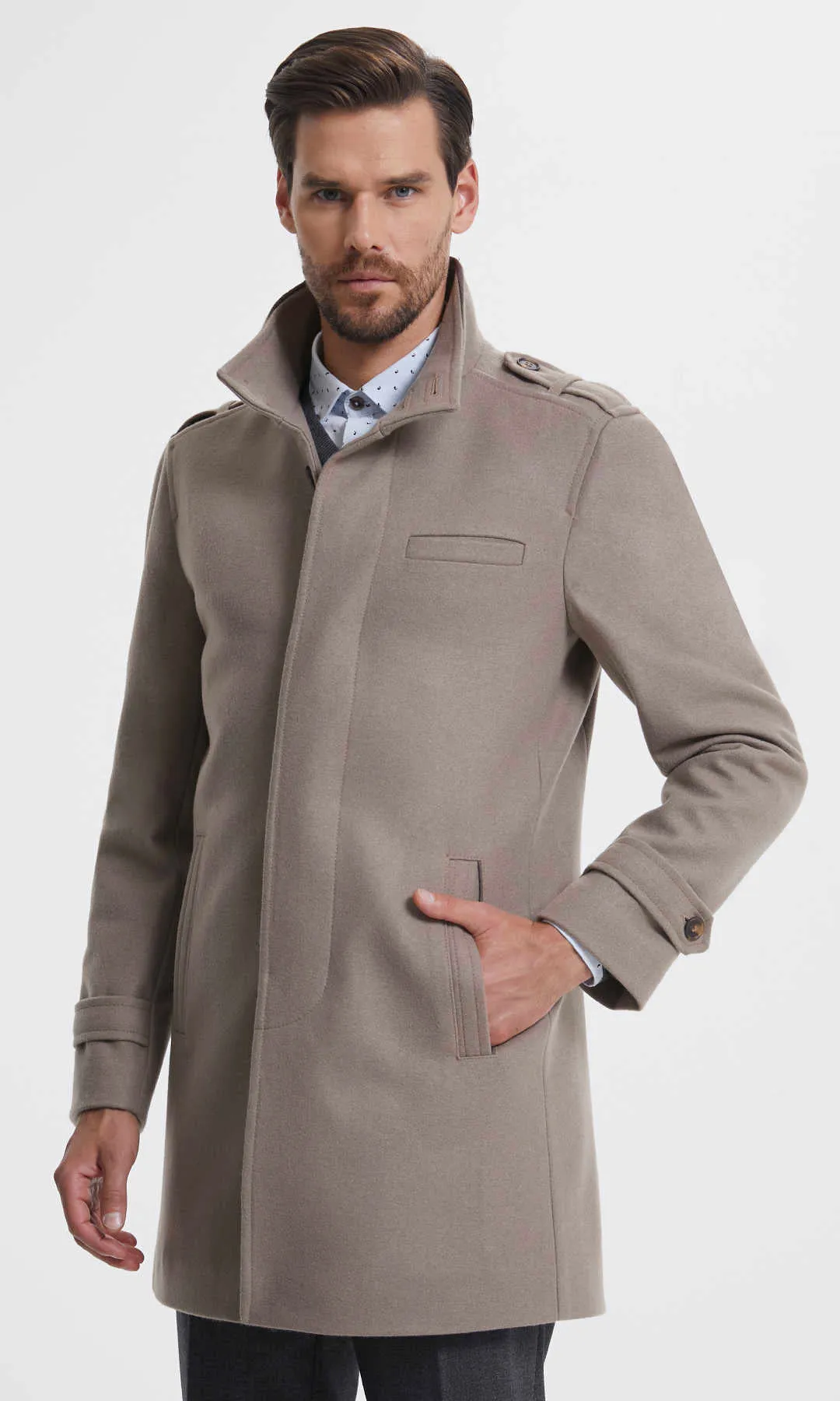 Slim Fit Stand Collar Wool Cappuccino Overcoat, Cappucino