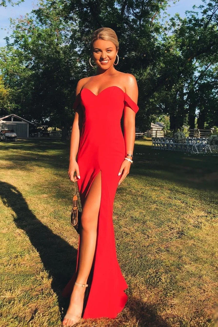 Slit Maxi Long Red Prom Dresses with Off-the-shoulder