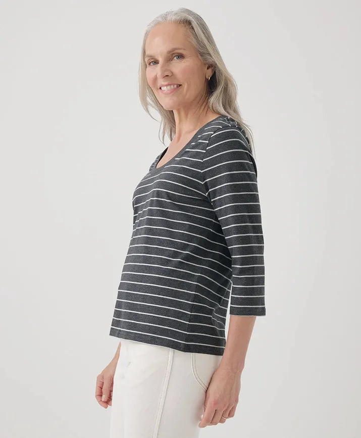 Softspun Scoop Neck 3/4 Sleeve Tee - Charcoal Classic Stripe