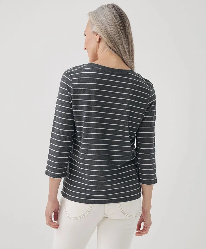 Softspun Scoop Neck 3/4 Sleeve Tee - Charcoal Classic Stripe