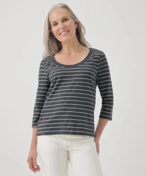 Softspun Scoop Neck 3/4 Sleeve Tee - Charcoal Classic Stripe