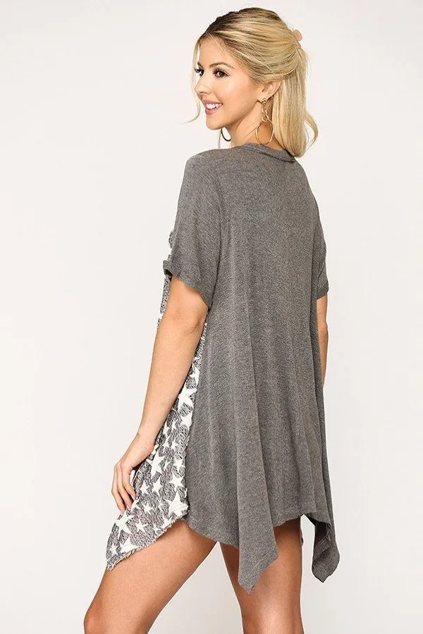 Star Textured Knit Mixed Tunic Top With Shark Bite Hem - 3 colors