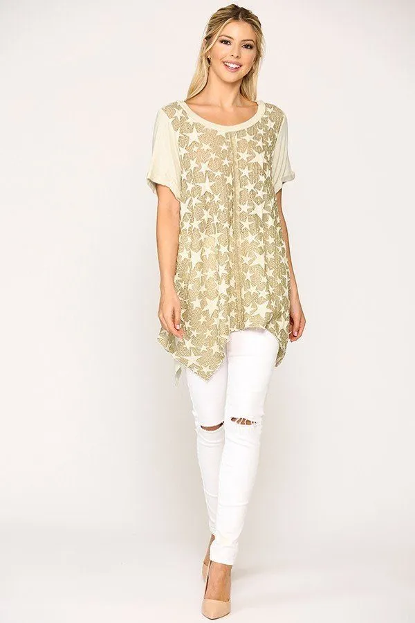 Star Textured Knit Mixed Tunic Top With Shark Bite Hem - 3 colors