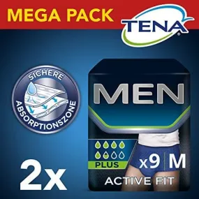 Tena Men Active Fit Pants Plus Size S/M - 2 Packs of 9 Pants