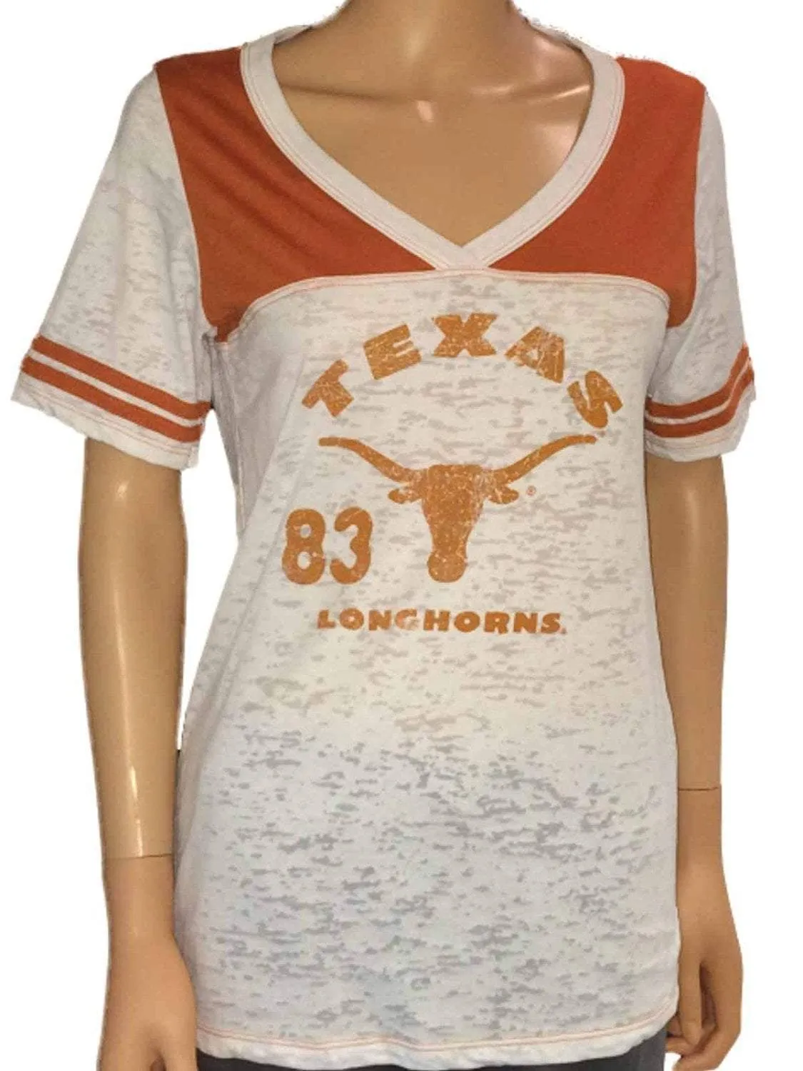 Texas Longhorns Blue 84 Women White Orange Burn Out V-Neck T-Shirt