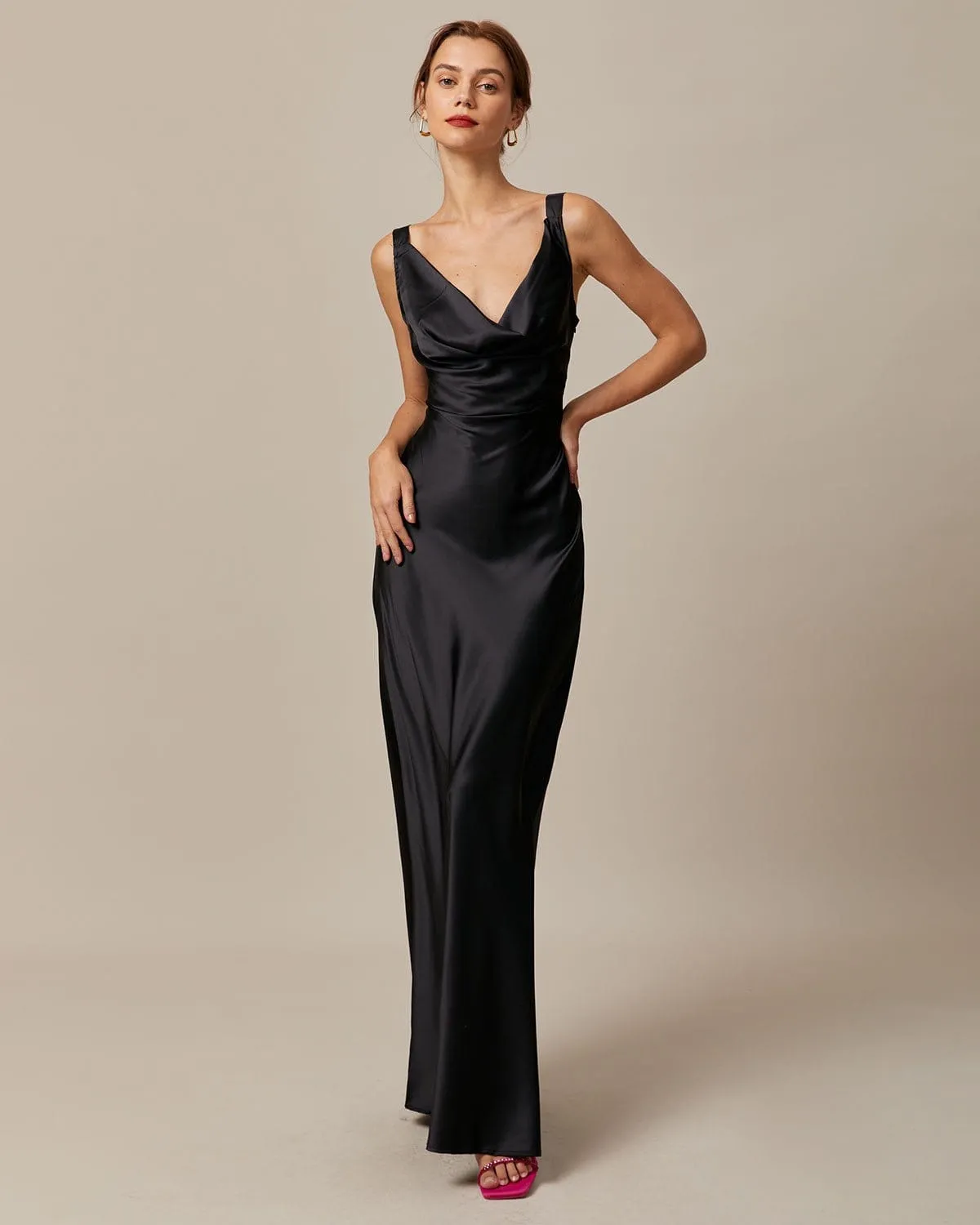 The Black Cowl Neck Sheath Satin Maxi Dress