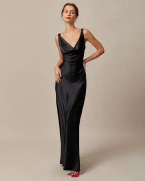 The Black Cowl Neck Sheath Satin Maxi Dress