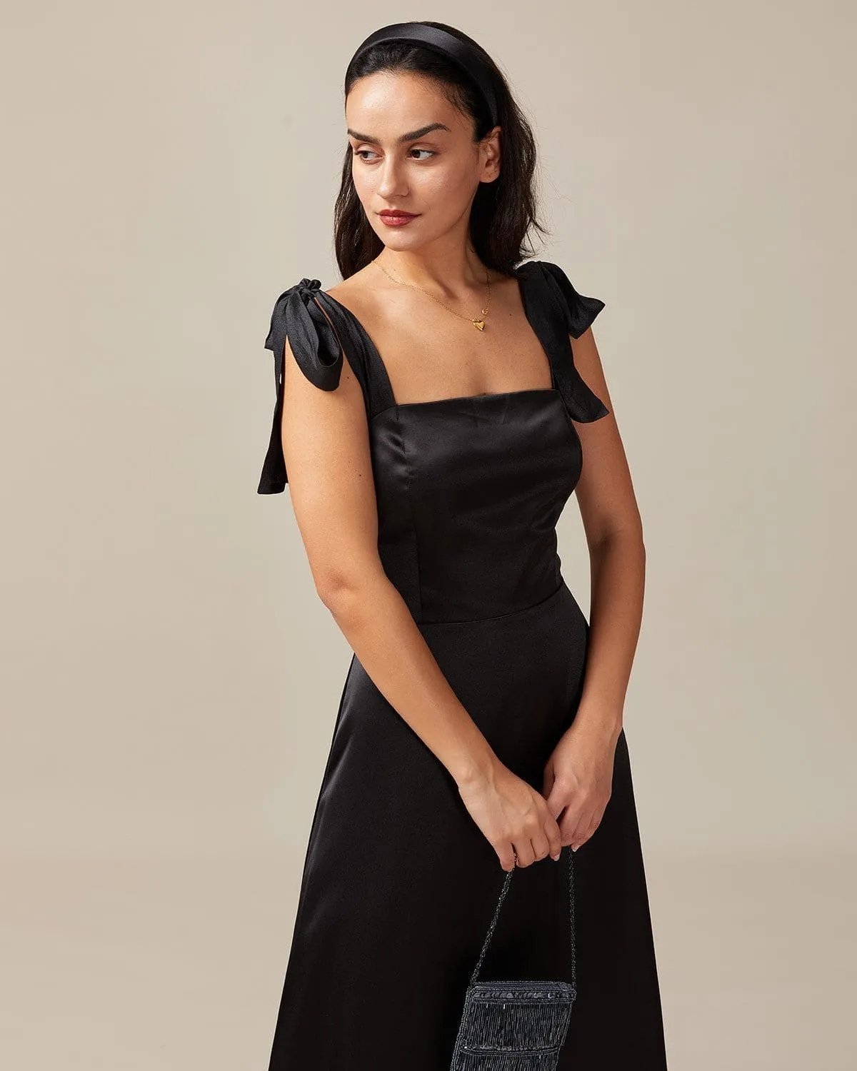 The Black Tie Strap Satin Maxi Dress