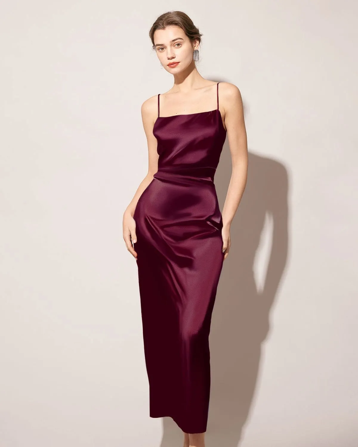 The Red Back Slit Satin Sling Maxi Dress