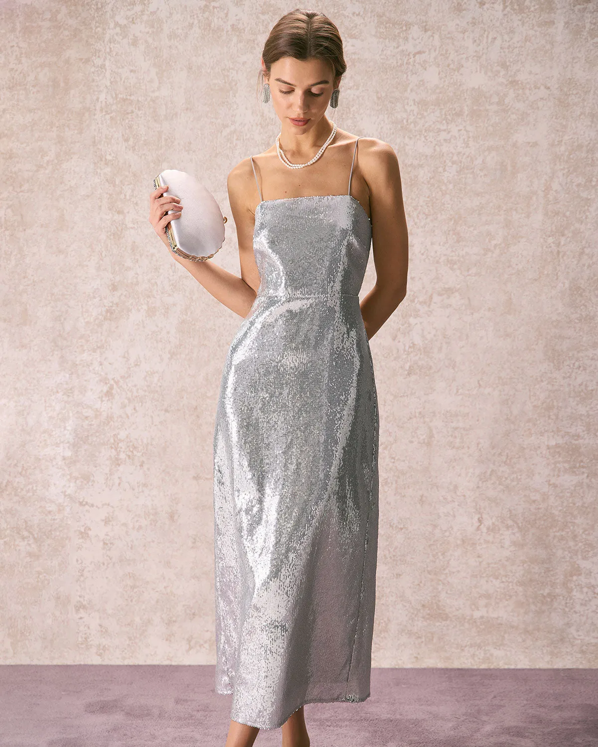 The Silver Sequin Sleeveless Strap Maxi Dress