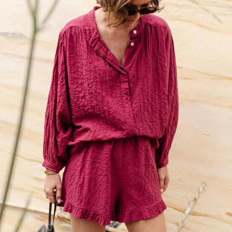 Thin Solid Color Spring O-neck Button Casual Long Sleeved Ruffled Summer Set