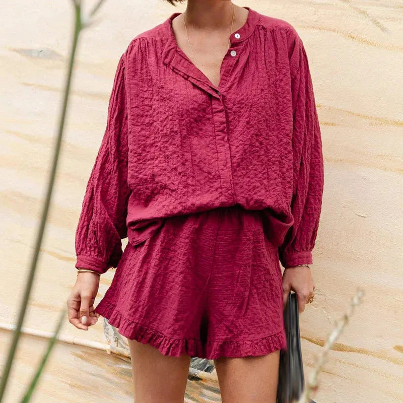 Thin Solid Color Spring O-neck Button Casual Long Sleeved Ruffled Summer Set