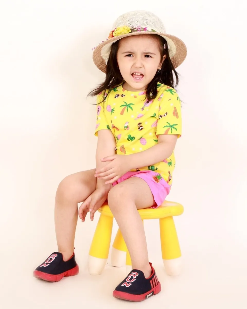 Tropical Print T-shirt with Shorts Girls Casual Set