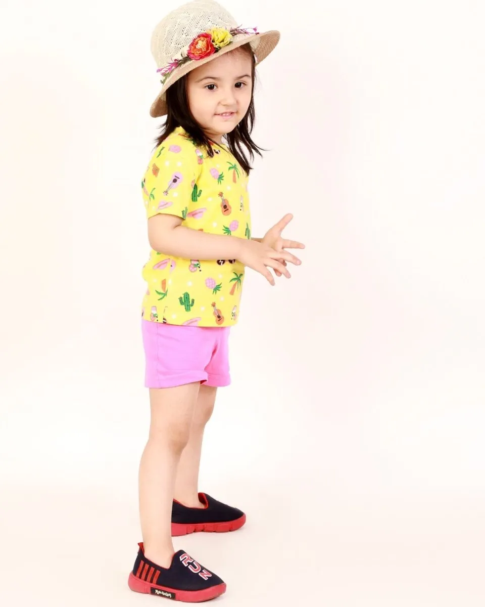 Tropical Print T-shirt with Shorts Girls Casual Set