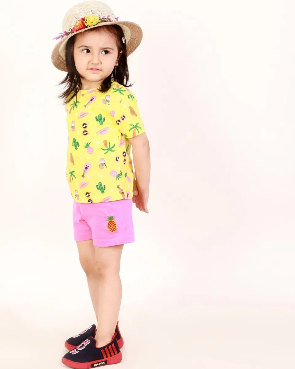 Tropical Print T-shirt with Shorts Girls Casual Set