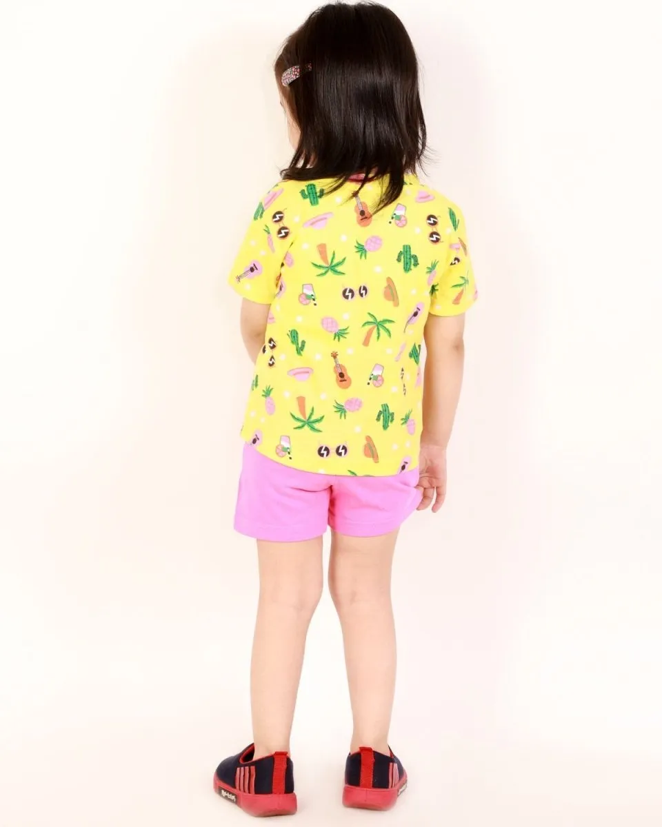 Tropical Print T-shirt with Shorts Girls Casual Set