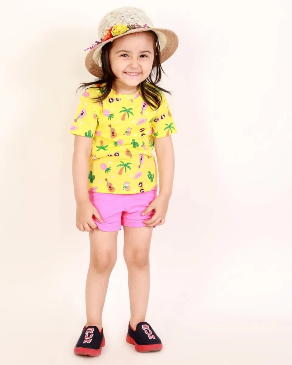 Tropical Print T-shirt with Shorts Girls Casual Set