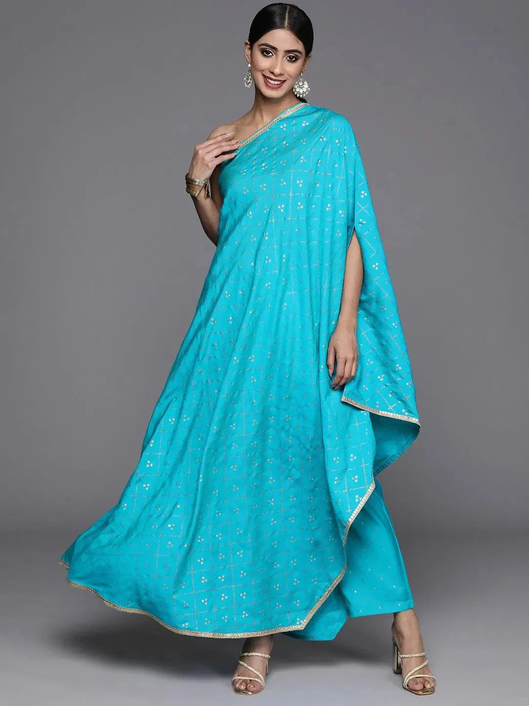 Turquoise Blue Printed Silk Blend Kaftan Kurta With Trousers