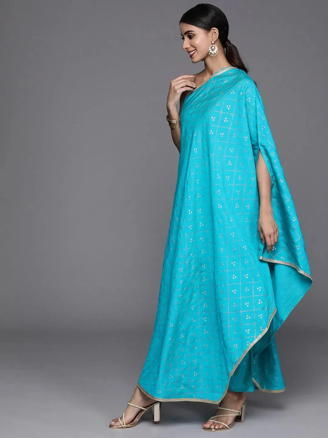 Turquoise Blue Printed Silk Blend Kaftan Kurta With Trousers