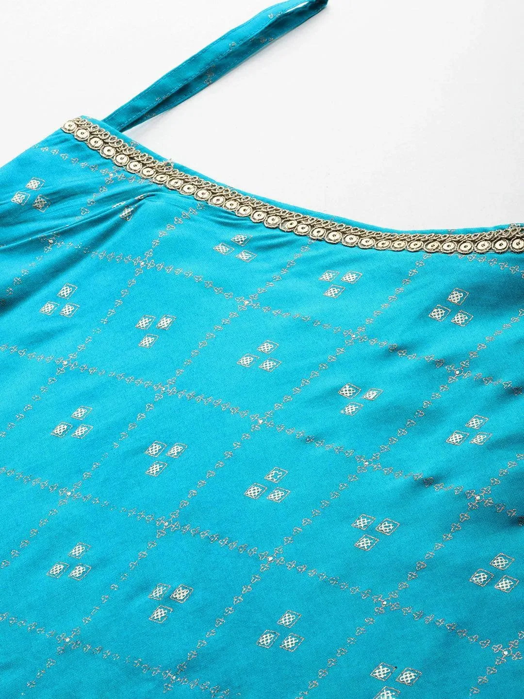 Turquoise Blue Printed Silk Blend Kaftan Kurta With Trousers