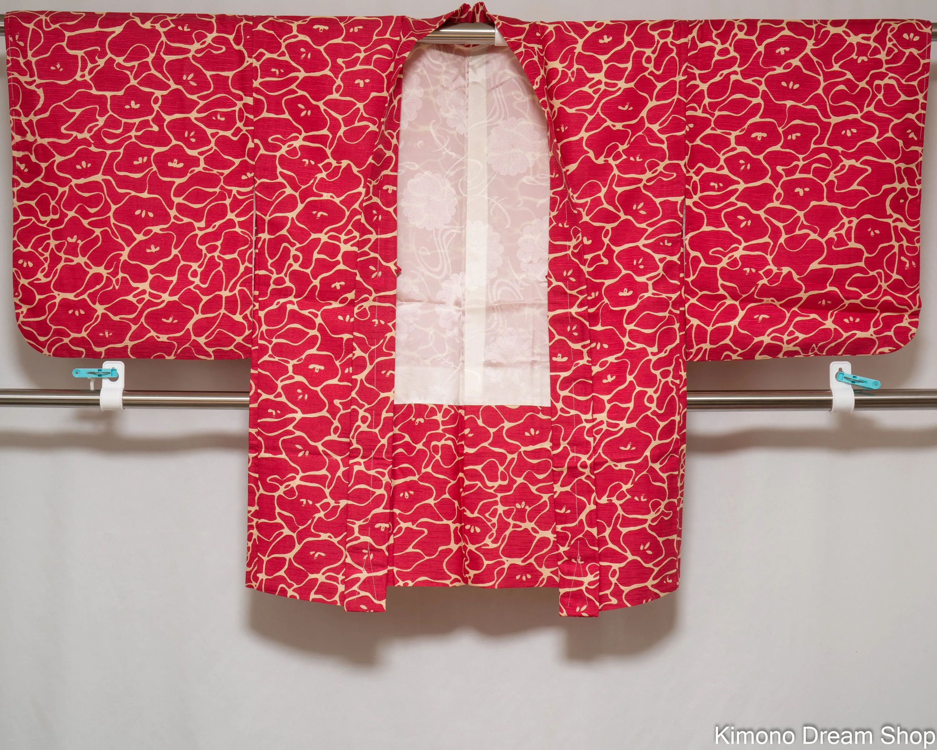 Unused Polyester Haori - Abstract Flowers Red and Beige Patterns - Vintage Kimono Jacket