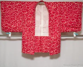 Unused Polyester Haori - Abstract Flowers Red and Beige Patterns - Vintage Kimono Jacket