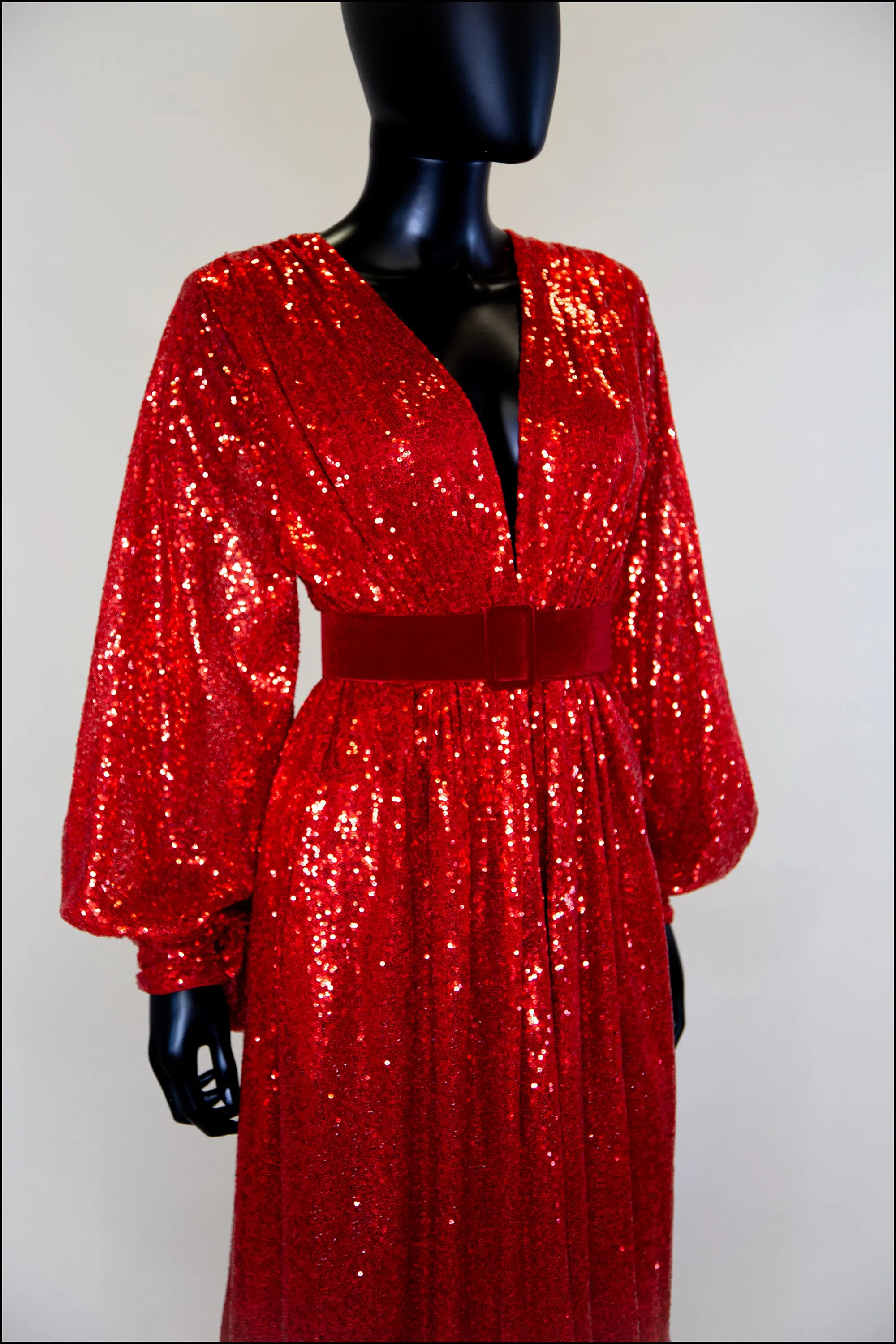 Vamp - Red Sequin Bishop Sleeve Gown