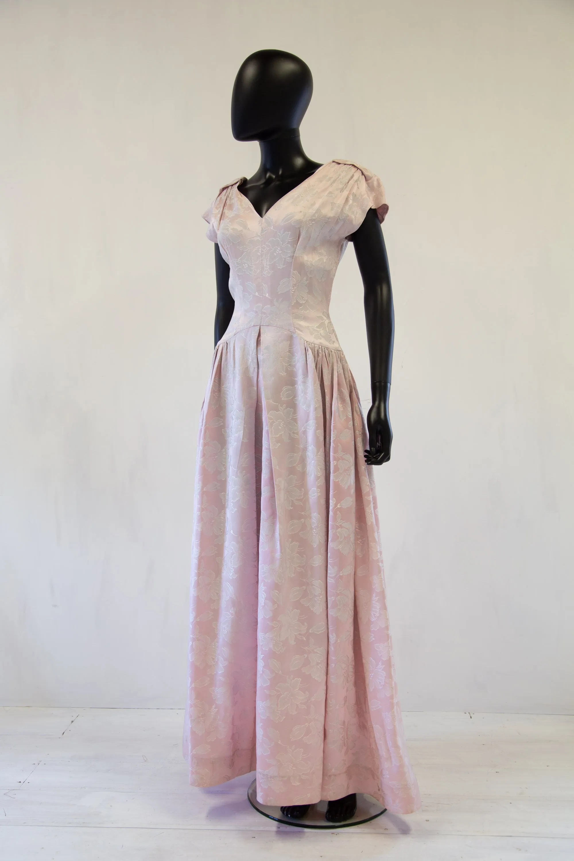 Vintage 1940s Pink Damask Maxi Dress