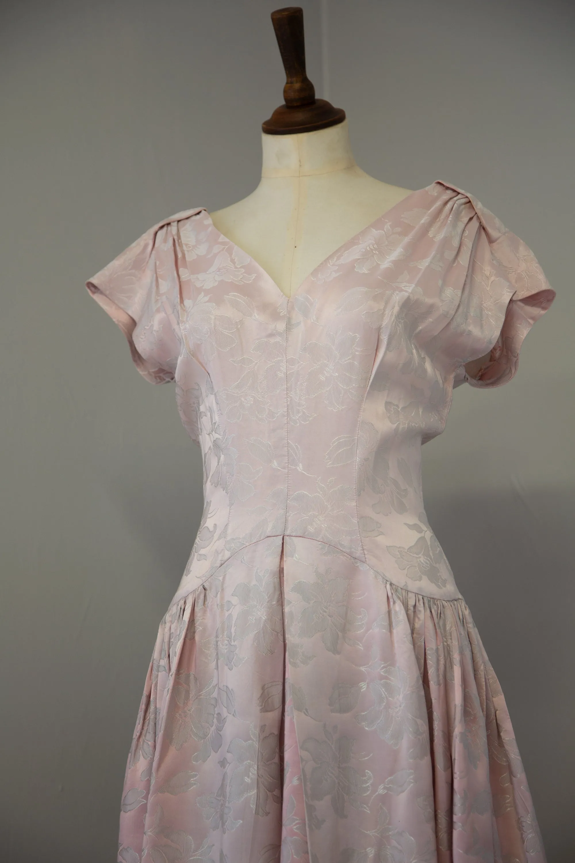 Vintage 1940s Pink Damask Maxi Dress