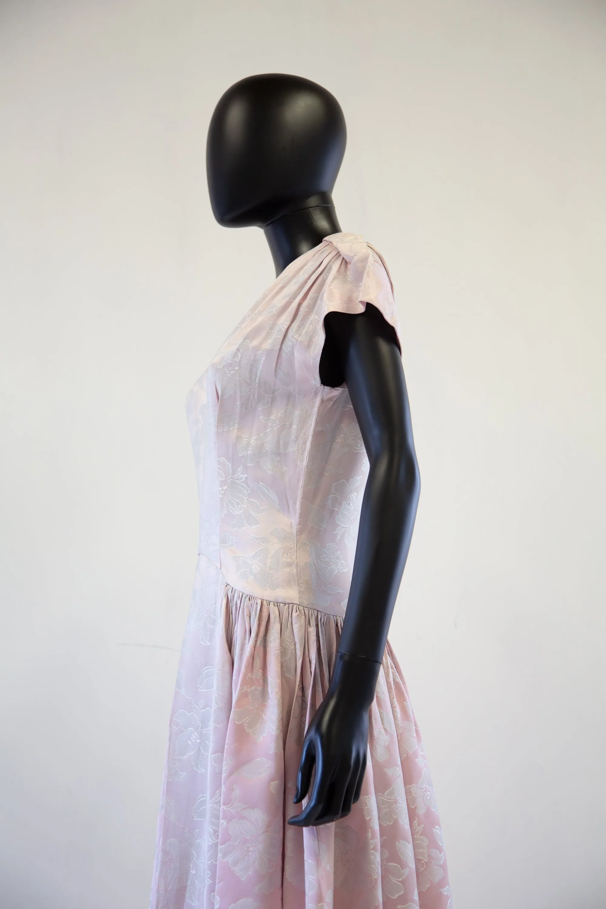 Vintage 1940s Pink Damask Maxi Dress