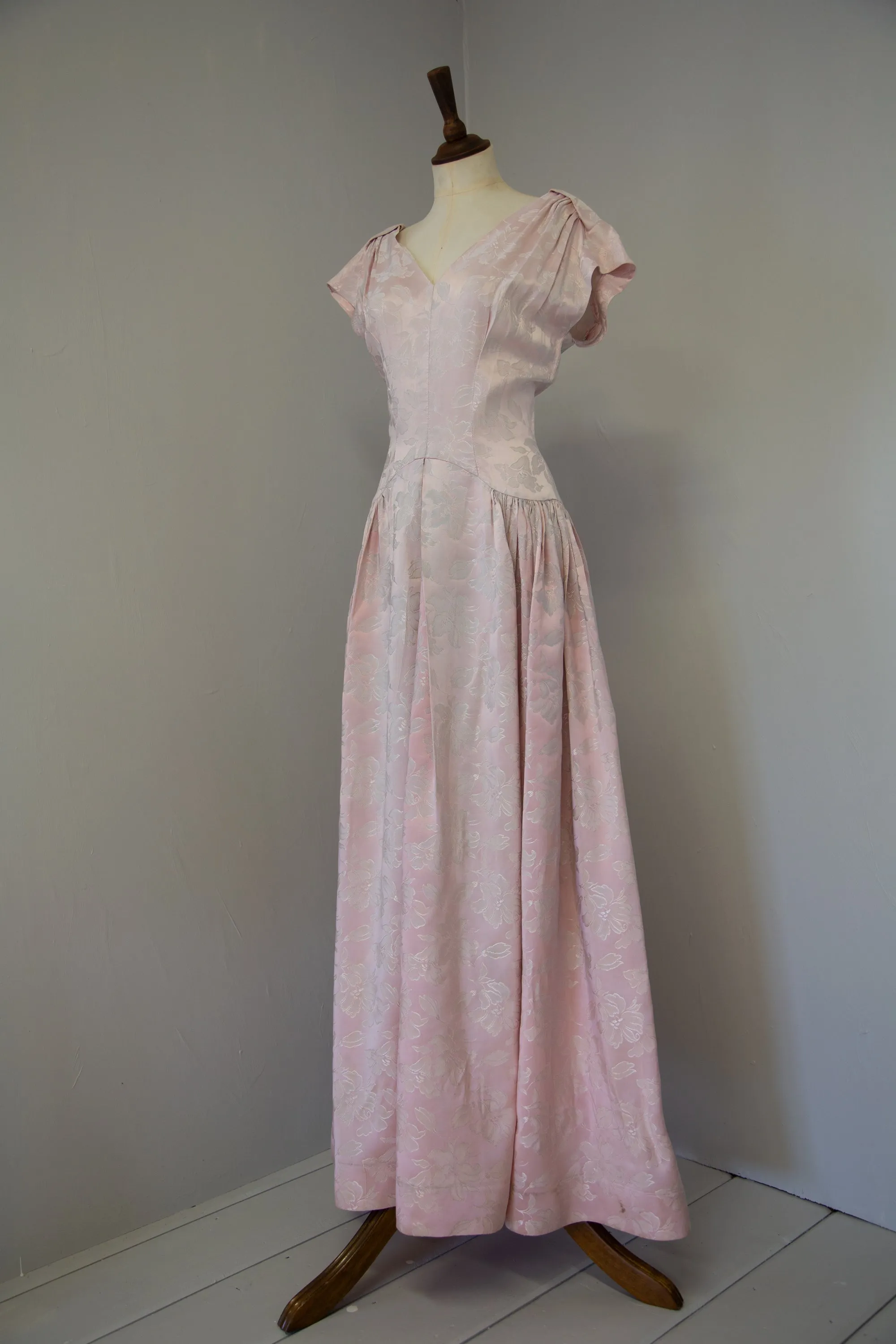 Vintage 1940s Pink Damask Maxi Dress