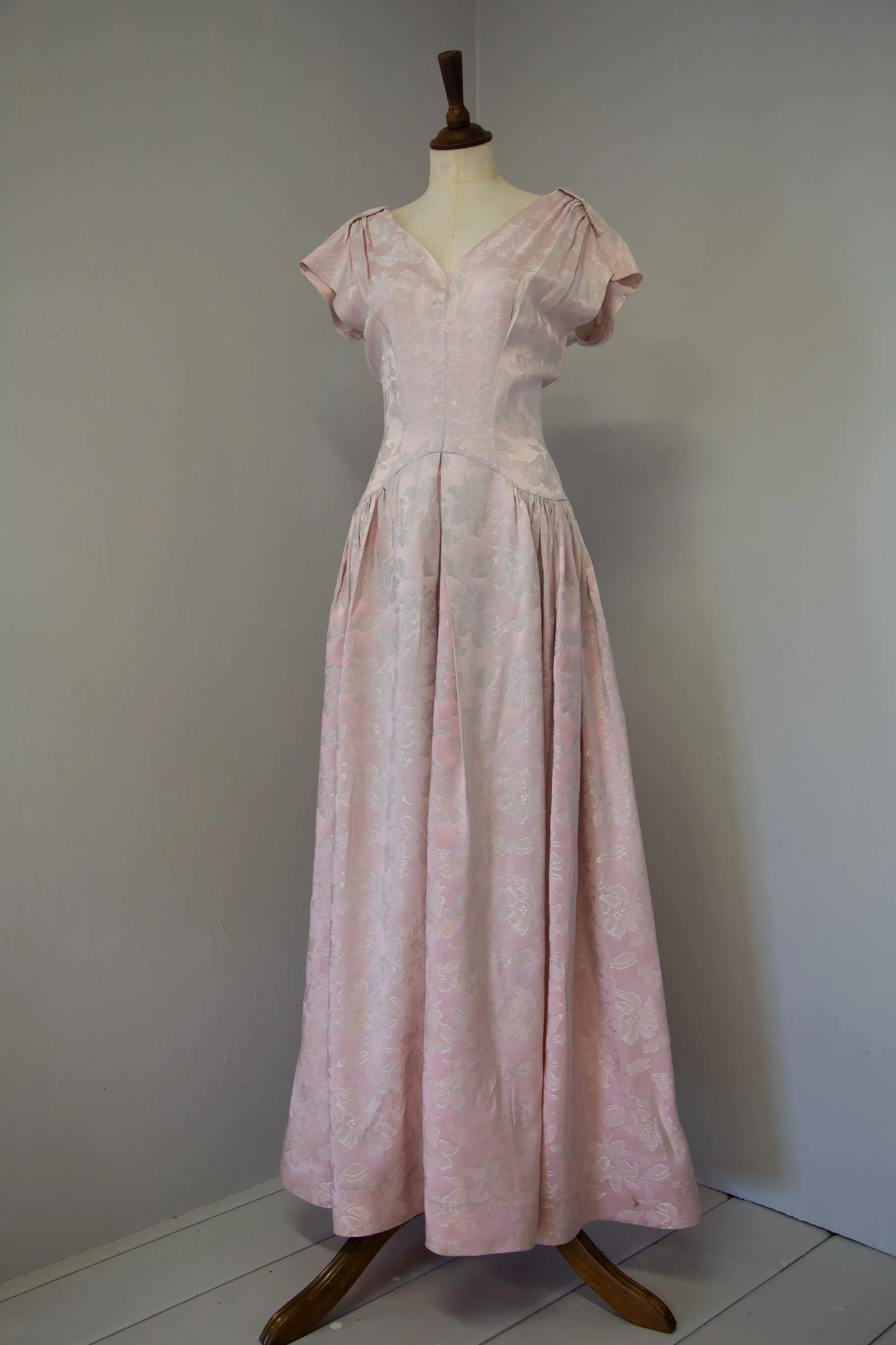 Vintage 1940s Pink Damask Maxi Dress