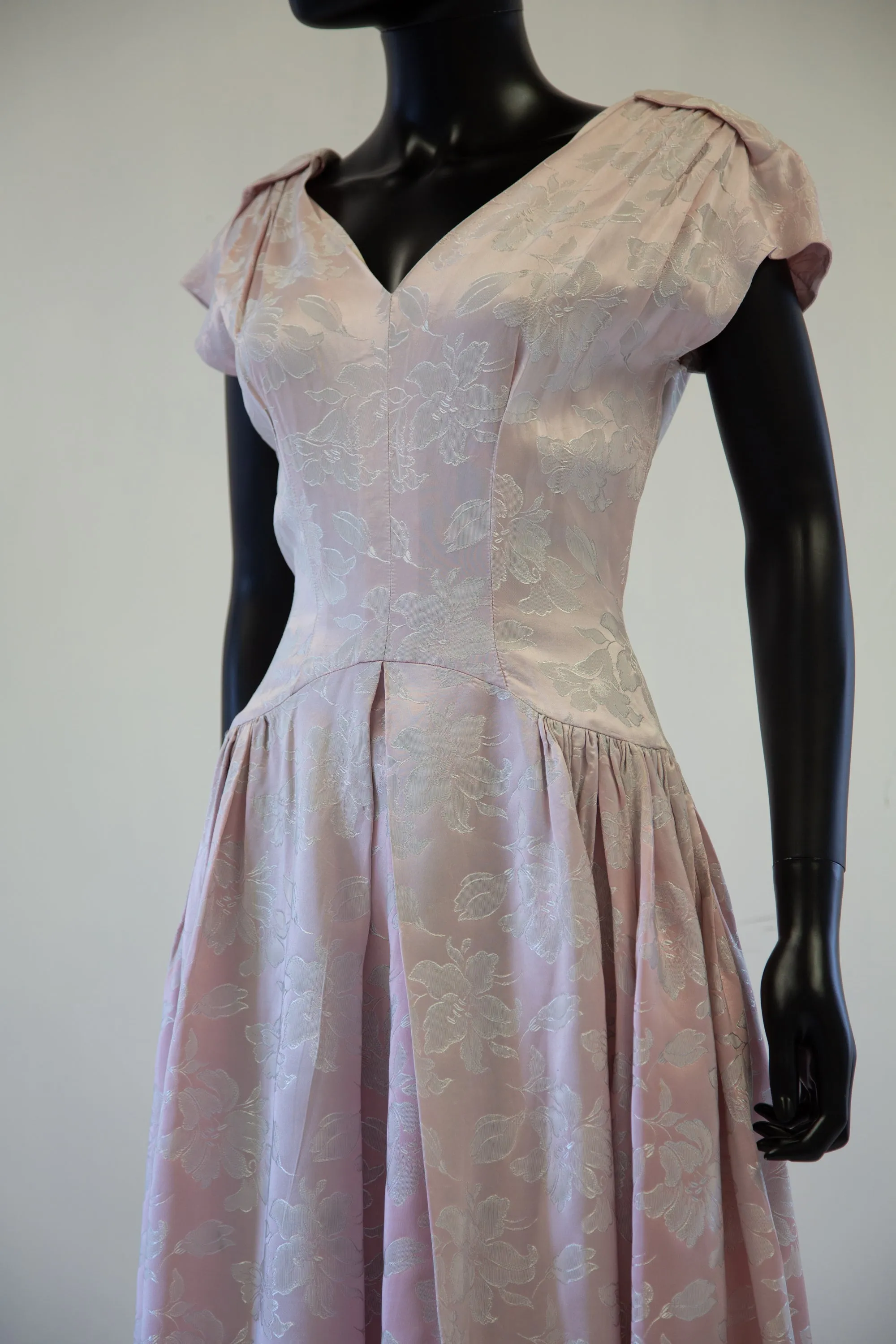 Vintage 1940s Pink Damask Maxi Dress