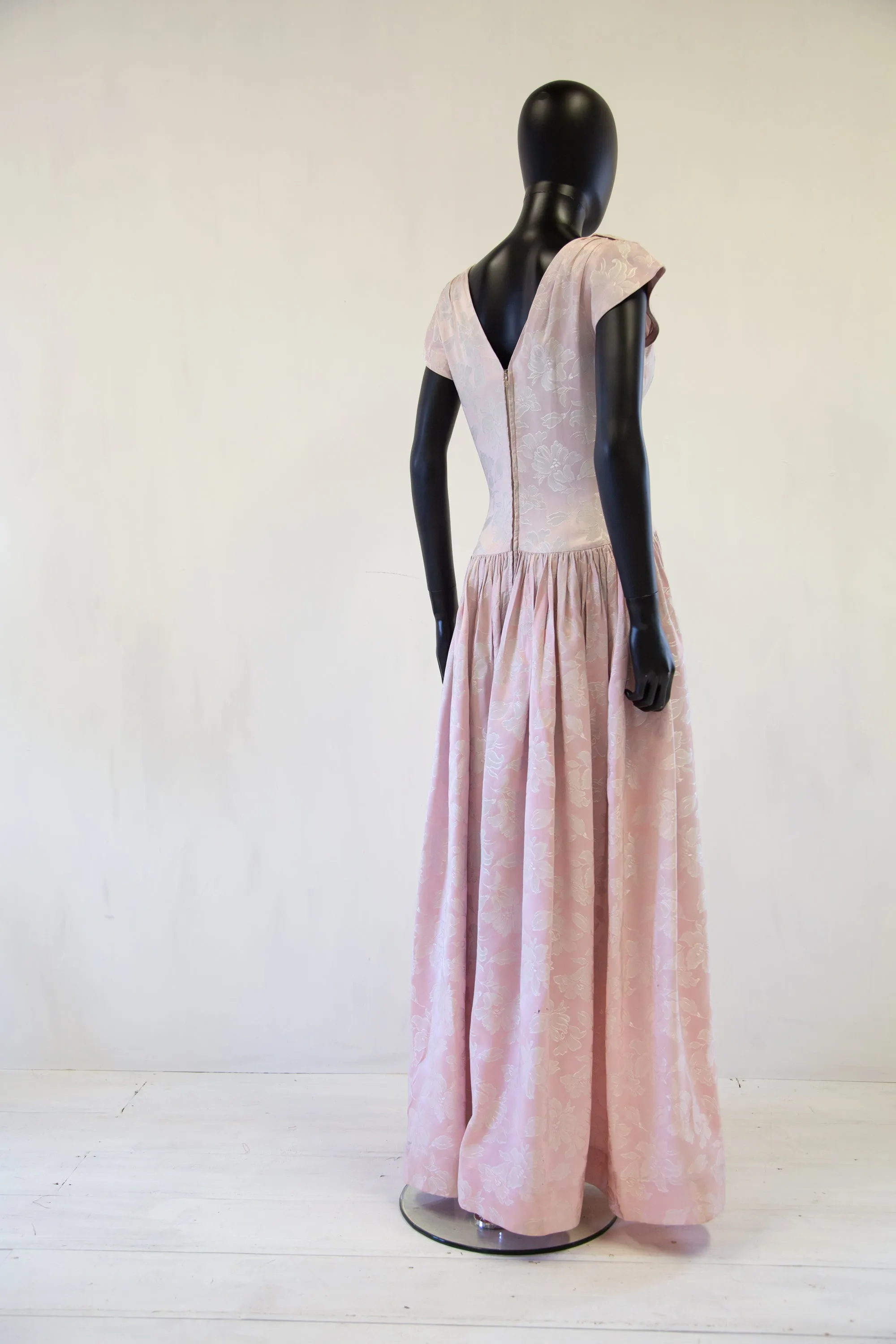 Vintage 1940s Pink Damask Maxi Dress