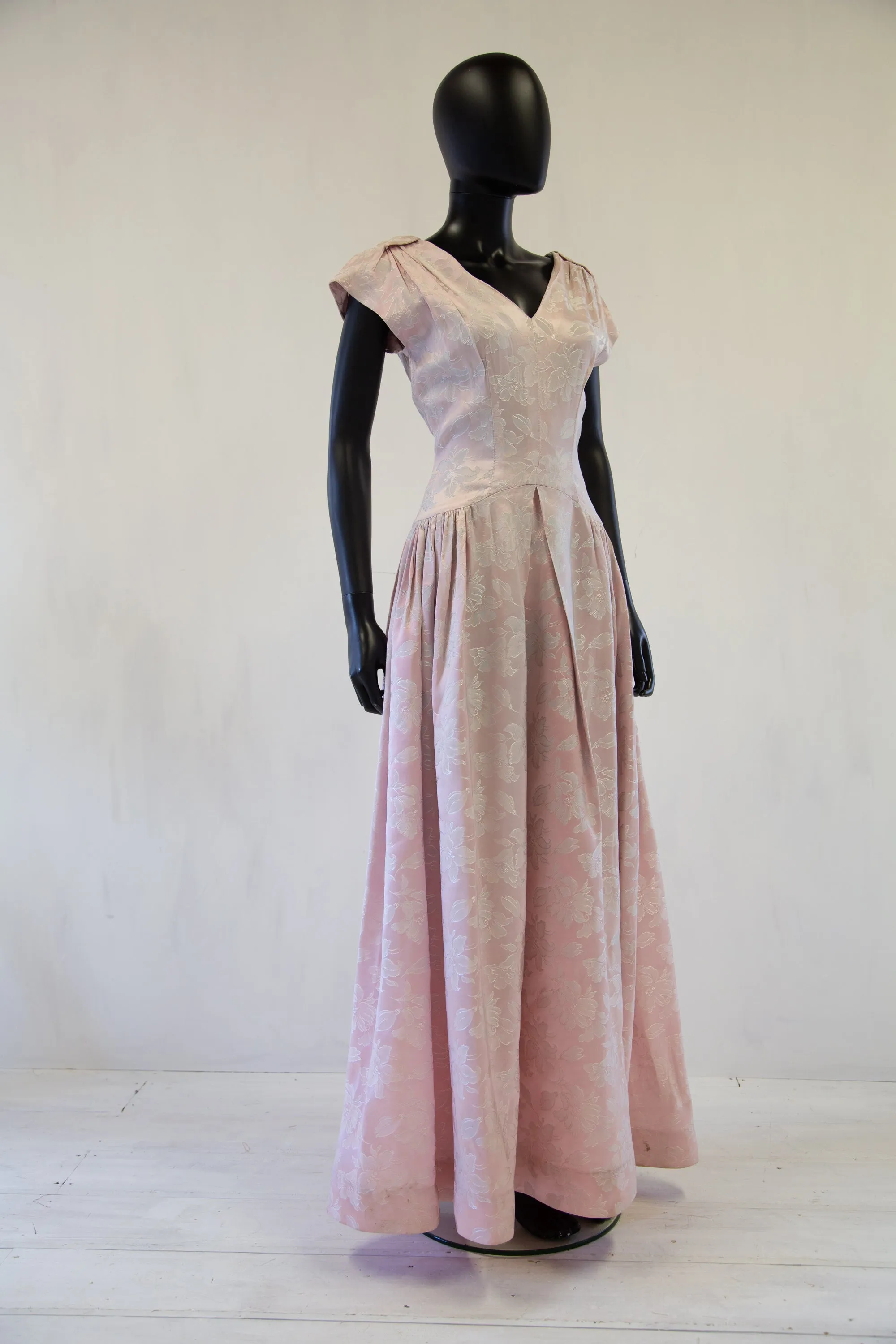 Vintage 1940s Pink Damask Maxi Dress