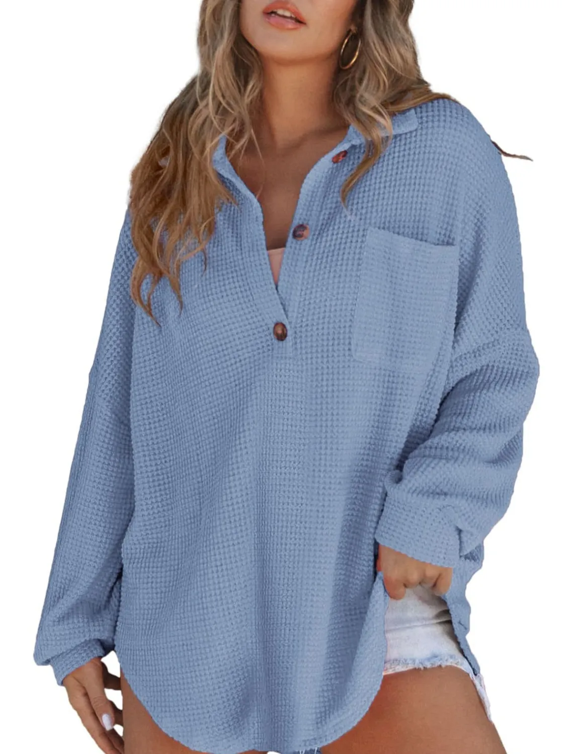 Waffle-Knit Dropped Shoulder Long Sleeve Sweatshirt