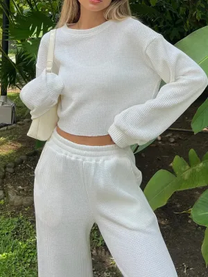 Waffle-Knit Round Neck Top and Pants Set