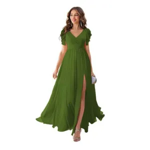 Wenkouban dress Ruffle Sleeve Slit Chiffon Bridal Shower Dress Long V-neck Formal Chiffon Maxi Dress Cocktail Party Evening Dress