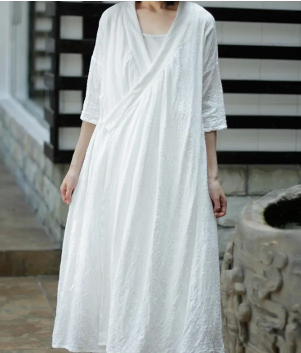 White Loose Stand Collar Cotton O Neck Women Dress